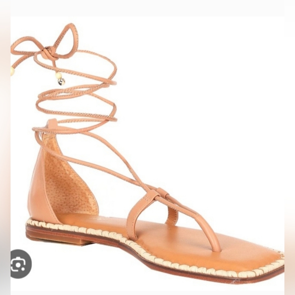 ANTONIO MELANI Tan Leather Lace-Up Flat Sandals